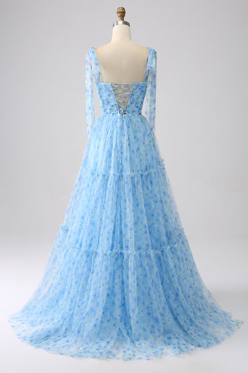 Light Blue A-Line Spaghetti Straps Long Ball Dress